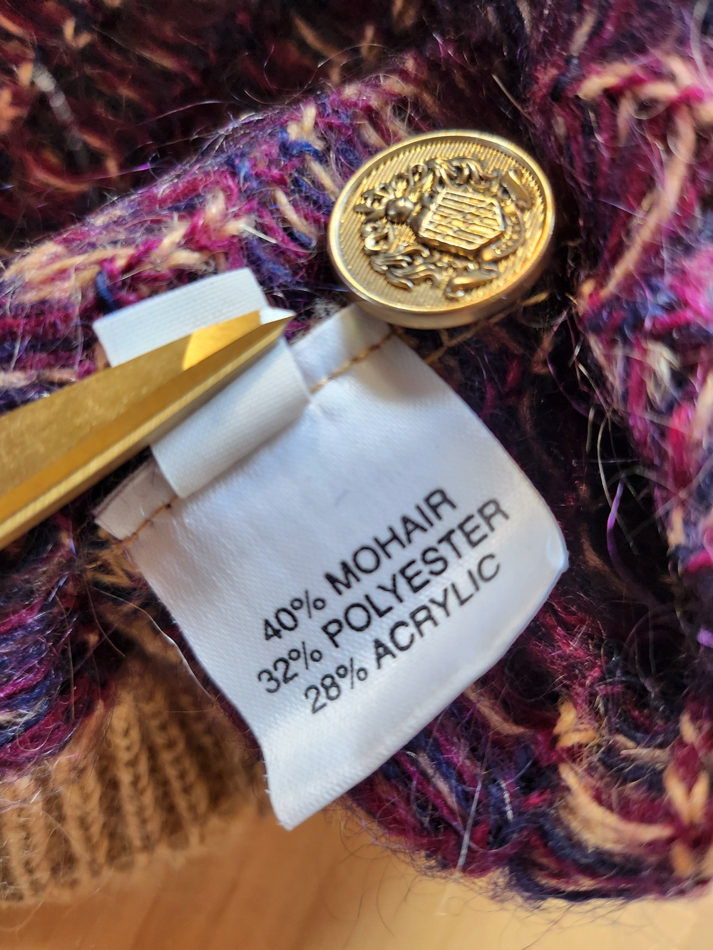 Vtg Scottish Mohair Plaid Cardigan Tan/Navy/Maroon Gold Buttons - Picture 9 of 9